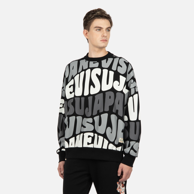Shop EVISU AW23 海浪圖案字母印花黑色長袖運動衫 潮流時尚 2EAHTM3SW1959LFCT