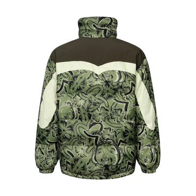 EVISU AW23 Wide Fit Puffer Jacket Buddha & Floral Print Army Green Coat 2EAHTM3NJ8010LFPL
