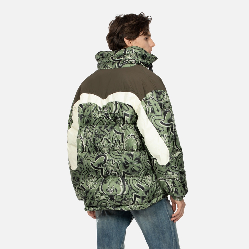 EVISU AW23 Wide Fit Puffer Jacket Buddha & Floral Print Army Green  Coat 2EAHTM3NJ8010LFPL 圖 4