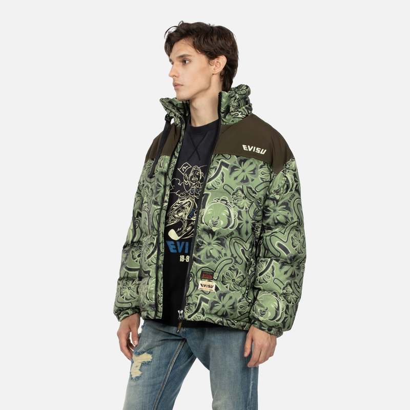 EVISU AW23 Wide Fit Puffer Jacket Buddha & Floral Print Army Green  Coat 2EAHTM3NJ8010LFPL 圖 5