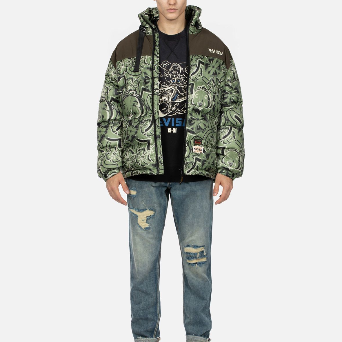EVISU AW23 Wide Fit Puffer Jacket Buddha & Floral Print Army Green  Coat 2EAHTM3NJ8010LFPL 圖 6