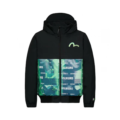EVISU Black Hoodie Jacket with Graphic Patchwork Design 1EAGNM9JK747XX