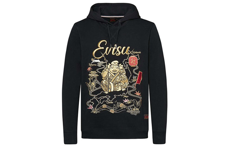 EVISU Black Hoodie with Fishing Embroidery 1EAHTM9SW325XX