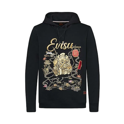 EVISU Black Hoodie with Fishing Embroidery 1EAHTM9SW325XX