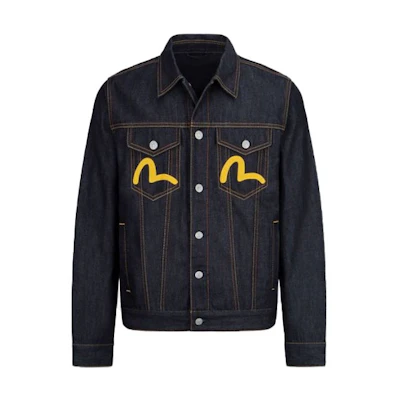 EVISU Black Seagull Logo Denim Jacket with Slogan Print for Men. 2EAEPM1DJ722XXCT