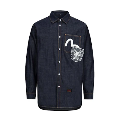 EVISU Daicock Print Relax Fit Denim Shirt Long Sleeve Blue Casual Top 2EAHTM3SL1044RXDN