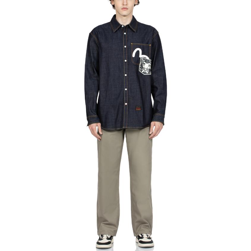 Shop EVISU 大鯰魚印花藍色長袖寬鬆牛仔襯衫 休閒上衣 2EAHTM3SL1044RXDN