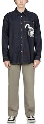 EVISU 大鯰魚印花藍色長袖寬鬆牛仔襯衫 休閒上衣 2EAHTM3SL1044RXDN Shop EVISU 大鯰魚印花藍色長袖寬鬆牛仔襯衫 休閒上衣 2EAHTM3SL1044RXDN