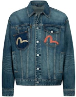 EVISU Denim Jacket with Patch Detailing for Men - Denim Blue. 2ESHTM3DJ720LFCS EVISU Denim Jacket with Patch Detailing for Men - Denim Blue. 2ESHTM3DJ720LFCS