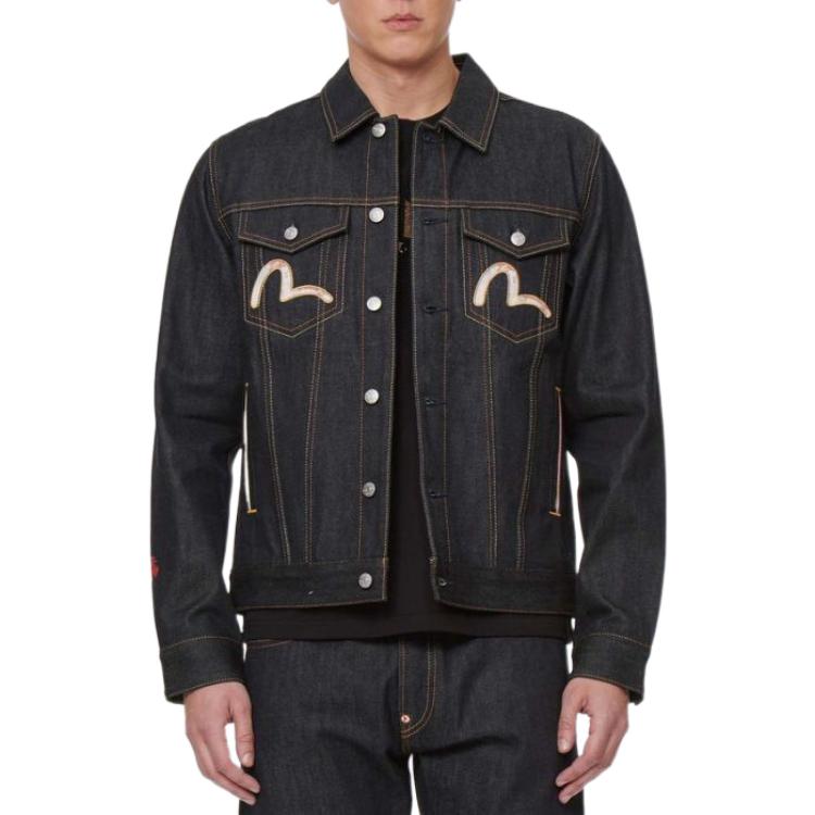 Shop EVISU双守护神刺绣牛仔夹克蓝色秋季款 2ESHTM2DJ702XXCT