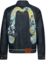 EVISU Embroidered Panda Big M Denim Jacket - Indigo Blue with Wave Pattern. 2ESHTM4DJ7005XXDP EVISU Embroidered Panda Big M Denim Jacket - Indigo Blue with Wave Pattern. 2ESHTM4DJ7005XXDP