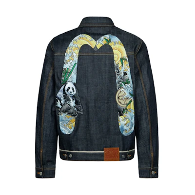 EVISU Embroidered Panda Big M Denim Jacket - Indigo Blue with Wave Pattern. 2ESHTM4DJ7005XXDP