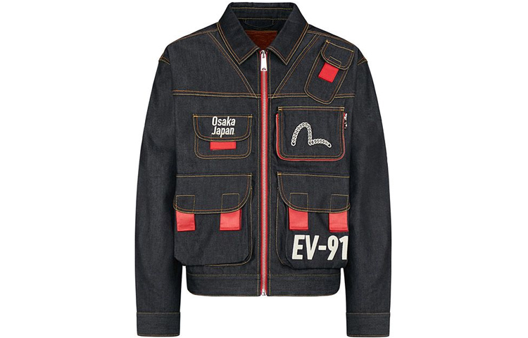 EVISU Embroidered Seagull Denim Jacket with Chain Detail - Denim Blue 2EAHTM0DJ701LF