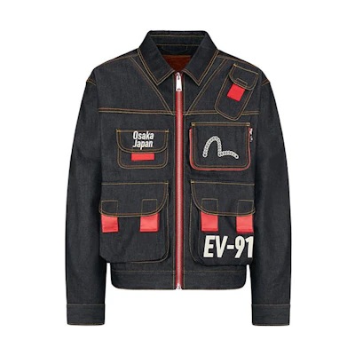 EVISU Embroidered Seagull Denim Jacket with Chain Detail - Denim Blue 2EAHTM0DJ701LF