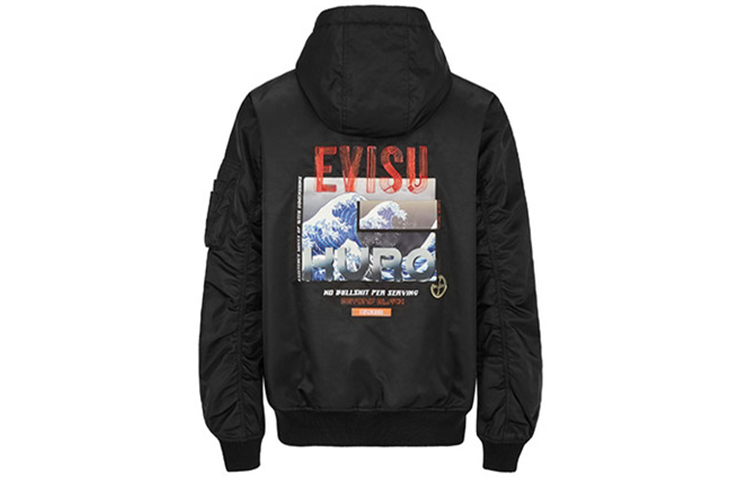 EVISU Embroidered Ukiyo-e Print Hooded Bomber Jacket Unisex Black 2EAGNM0JK755XX
