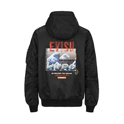 EVISU Embroidered Ukiyo-e Print Hooded Bomber Jacket Unisex Black 2EAGNM0JK755XX