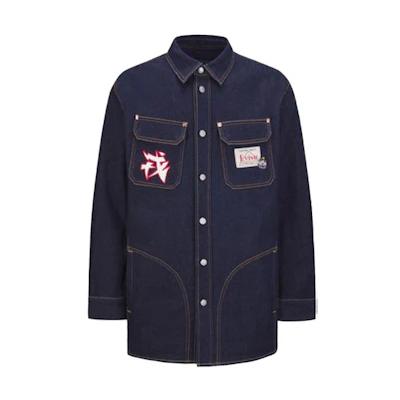 EVISU FW21 Multi-Pocket Contrast Print Denim Jacket Denim Blue. 2EAHTM1SJ124LFDN