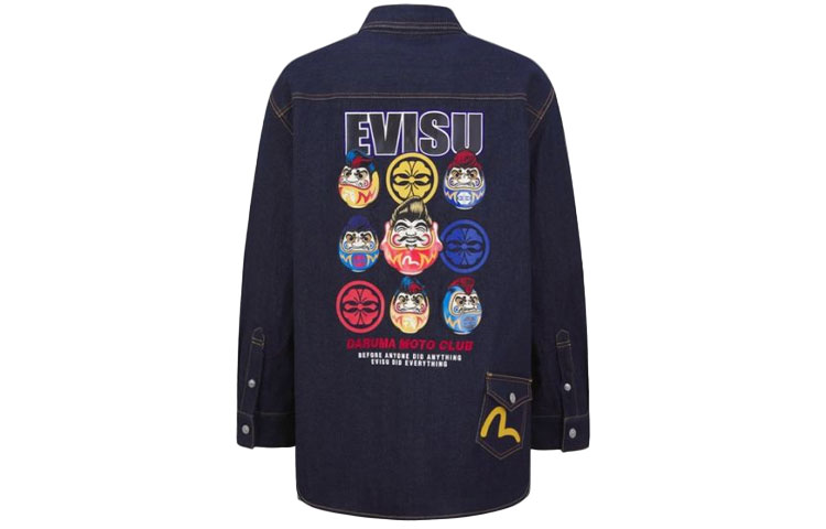 Lookbook Chaqueta Vaquera Azul Denim EVISU FW21 Multi-Bolsillos con Estampado en Contraste. 2EAHTM1SJ124LFDN