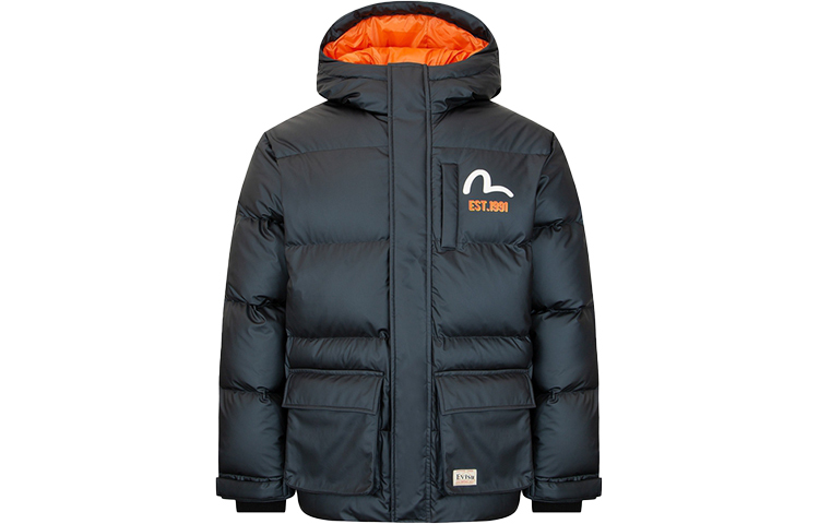 EVISU FW22  Black Daruma Print Hooded Down Jacket. 2EAHTM2NJ753XXPL