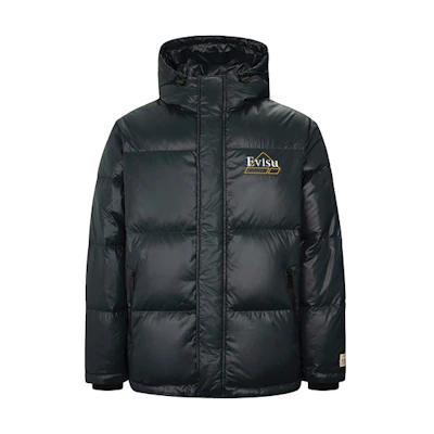 EVISU FW22 Black Hooded Letter Print Warm Down Jacket. 2EAADM2NJ746XXPLBLKX