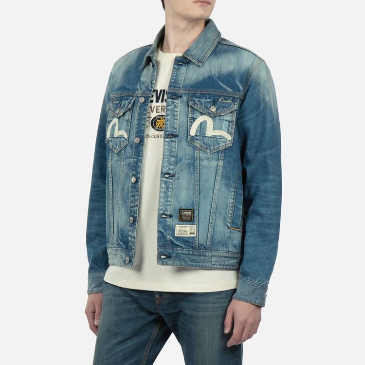 Purchase EVISU FW22 블루 데님 재킷 로고 프린트와 버튼 디자인. 2EAHTM2DJ716XXCT