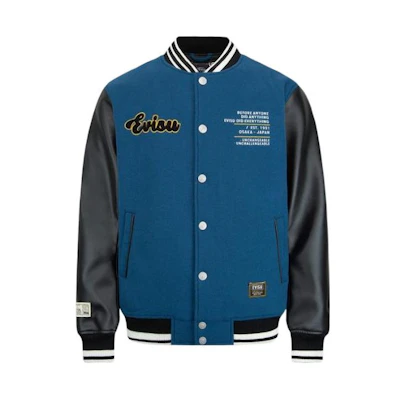 EVISU FW22 Buddha Embroidery Baseball Jacket with Striped Trim. 2EAHTM2JK740RXWQ