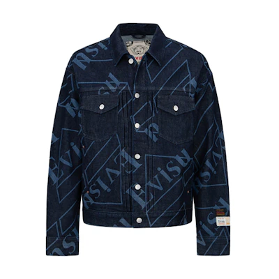 EVISU FW22 Denim Jacket Allover Logo Print in Indigo Blue. 2EAHTM1DJ202LFCTINDW