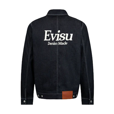 EVISU FW22 Denim Jacket with Back Letter Print in Blue. 2EAEPM2DJ761XXCT
