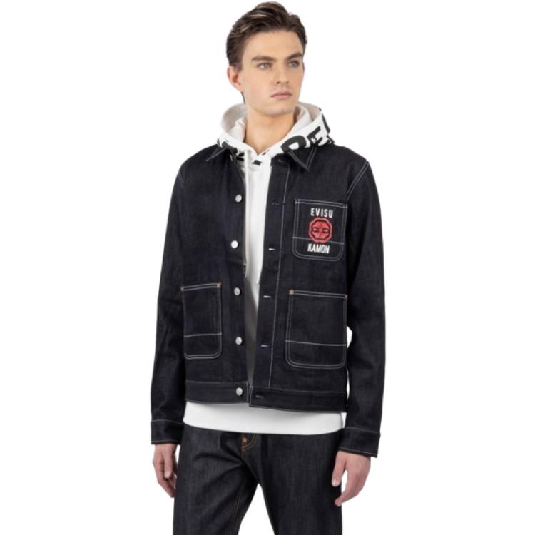 Shop EVISU FW22  Denim Jacket with Back Letter Print in Blue. 2EAEPM2DJ761XXCT