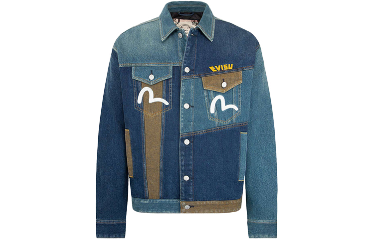 EVISU FW22  Patchwork Deconstructed Denim Jacket in Blue. 2EAHTM2DJ711LFCT