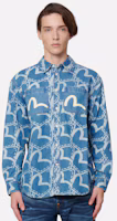 Shop EVISU FW22 全版口袋印花長袖牛仔襯衫 - 藍色 2EAHTM2SL177RXDN