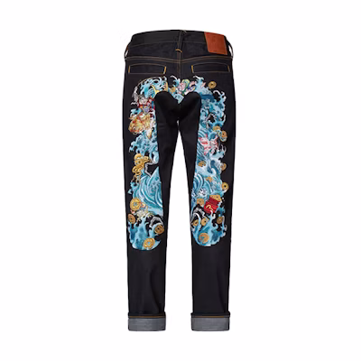 EVISU FW22 Colorblock Abstract Embroidery Relaxed Fit Jeans Denim Blue 2EAHTM2JE90617CT