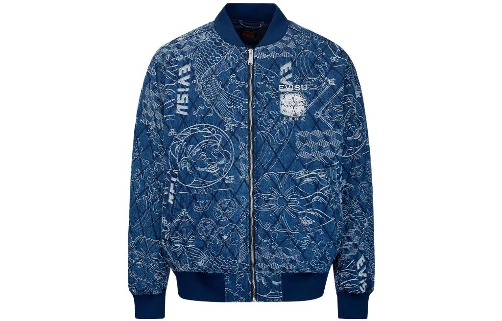EVISU FW22 Monogram Pattern Jacquard Bomber Jacket  Blue 2EAHTM2DJ735XXCQ
