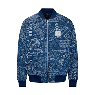 EVISU FW22 Monogram Pattern Jacquard Bomber Jacket Blue 2EAHTM2DJ735XXCQ