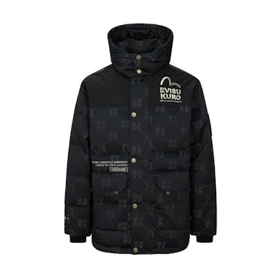 EVISU FW23 Black Embroidered Pattern Hooded Down Jacket. 2EAGNM3NJ5094XXPL