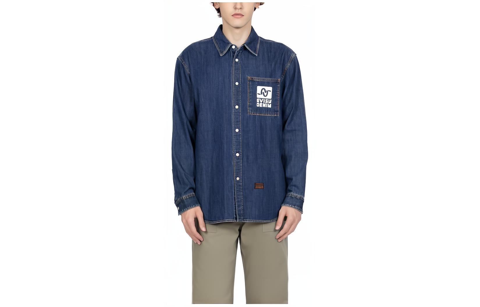 Order EVISU FW23  Blue Denim Jacket Casual Loose Fit Long Sleeve Shirt. 2EAHTM3SL1043RXDN