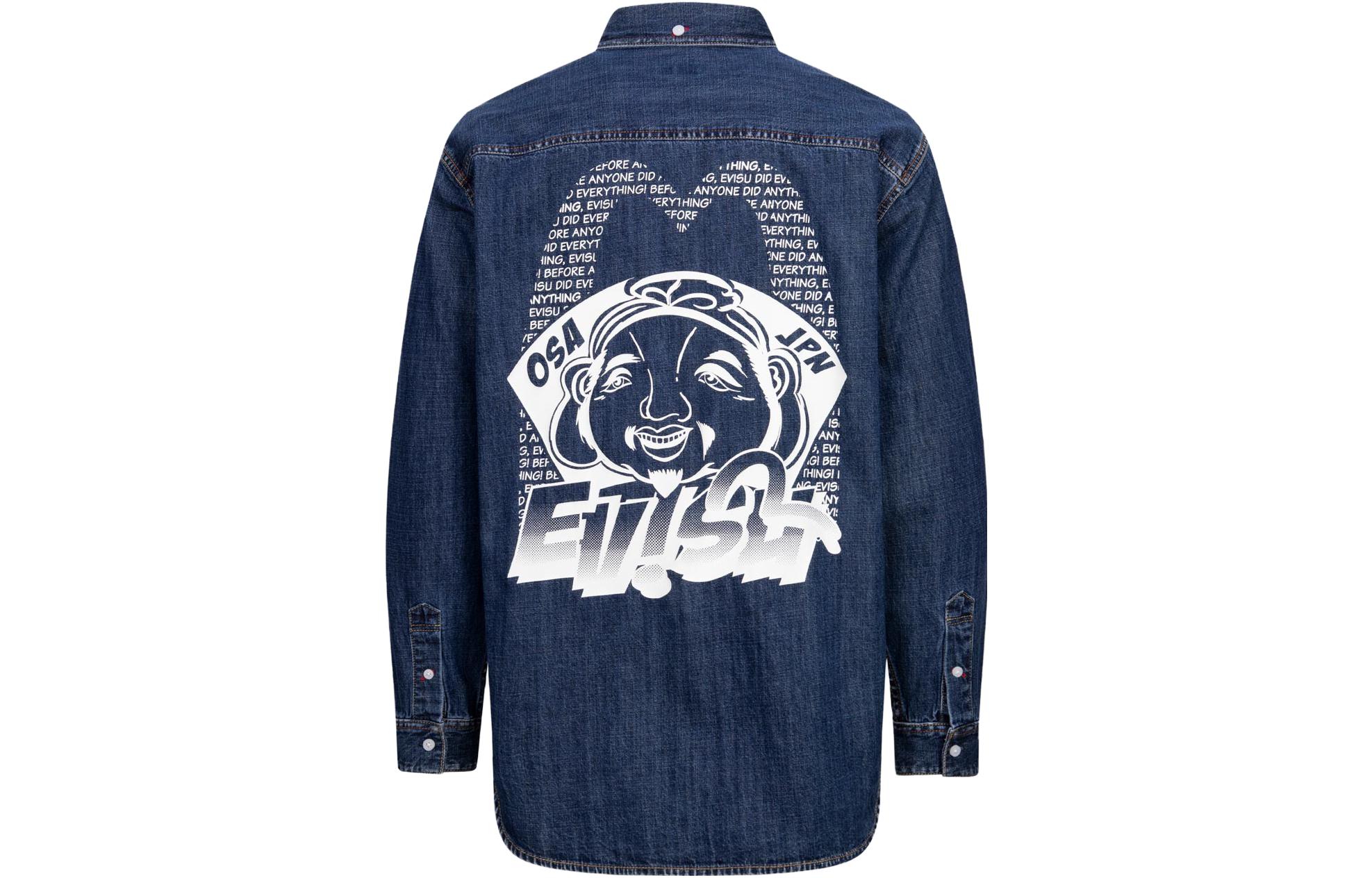 Shop EVISU FW23  Blue Denim Jacket Casual Loose Fit Long Sleeve Shirt. 2EAHTM3SL1043RXDN