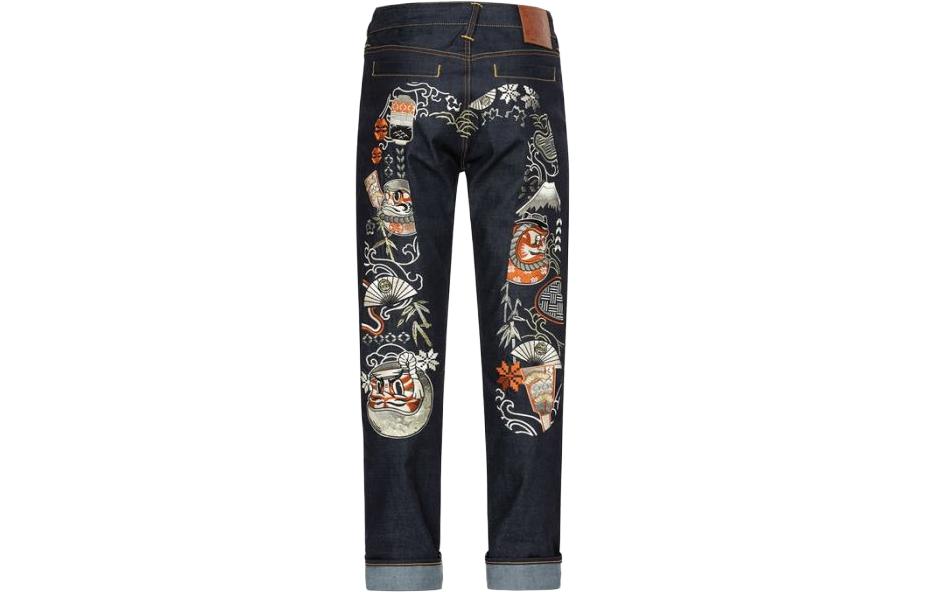 EVISU FW23  Kabuki Daruma Embroidered Slim Tapered Jeans Blue 2EAHTM3JE105417CT