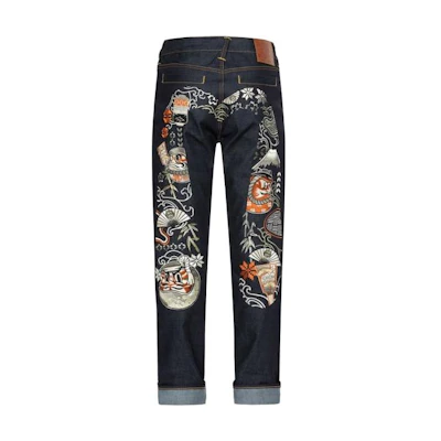 EVISU FW23 Kabuki Daruma Embroidered Slim Tapered Jeans Blue 2EAHTM3JE105417CT