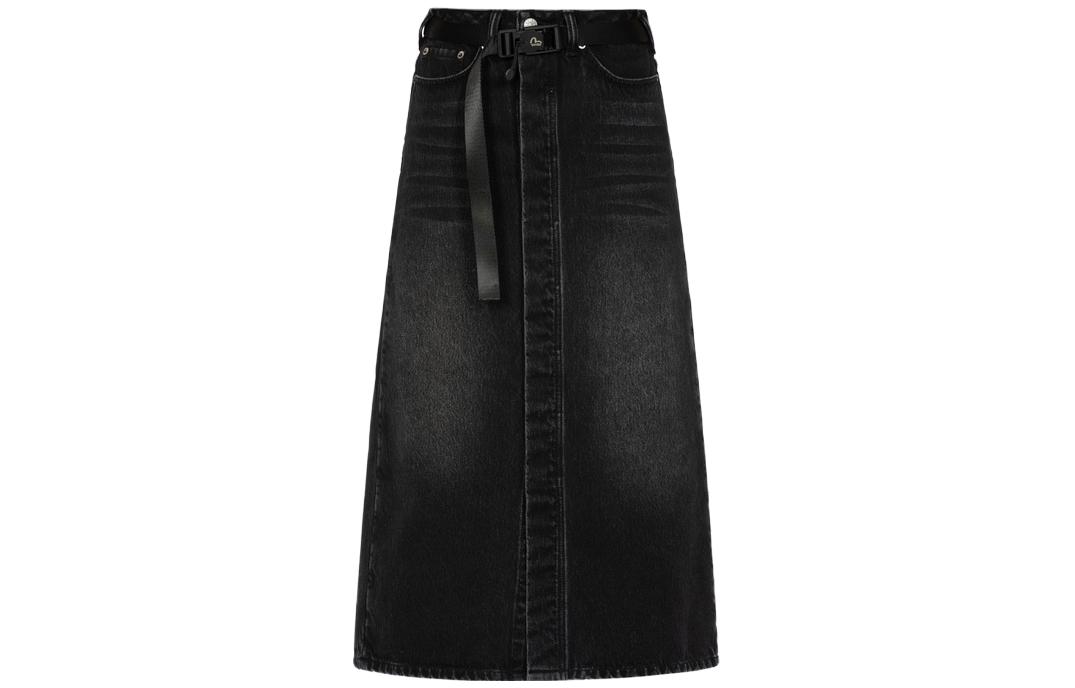 EVISU FW23 Black Cotton Denim Long Skirt with Seagull Appliqué Details. 2EAHTW3SK4100FFDX