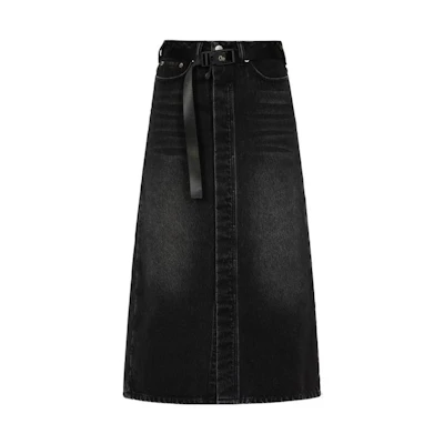 EVISU FW23 Black Cotton Denim Long Skirt with Seagull Appliqué Details. 2EAHTW3SK4100FFDX