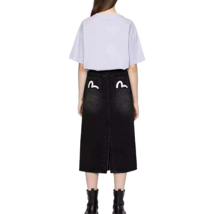 Purchase EVISU FW23 黑色純棉丹寧長裙，海鷗刺繡設計細節。 2EAHTW3SK4100FFDX