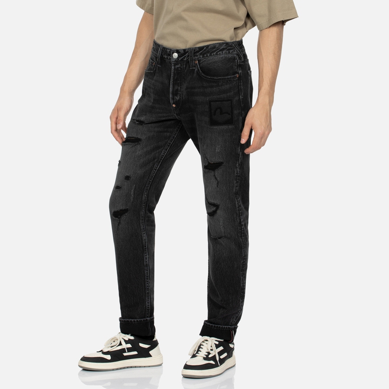 Shop EVISU FW23 Vaqueros Negros Rectos con Letras y Detalles Desgastados para Hombre. 2EAHTM3JE890317CS