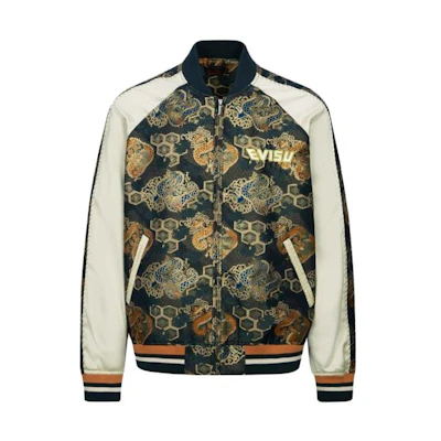 EVISU FW23 Gold Logo Embroidery Patchwork Jacquard Full-Zip Jacket Men 2EAHTM3JK7017LFPXMUNA