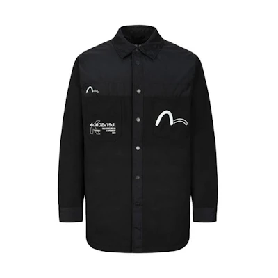 EVISU FW23 Logo Print Patchwork Jacket Black Long-Sleeve Outerwear 2EAGNM3SJ5018XXPQ