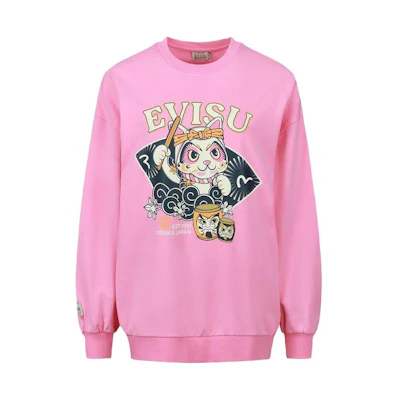 EVISU FW23 Lucky Cat Graphic Crewneck Sweatshirt Pink Unisex 2ESHTW3SW333OSCTFSIA
