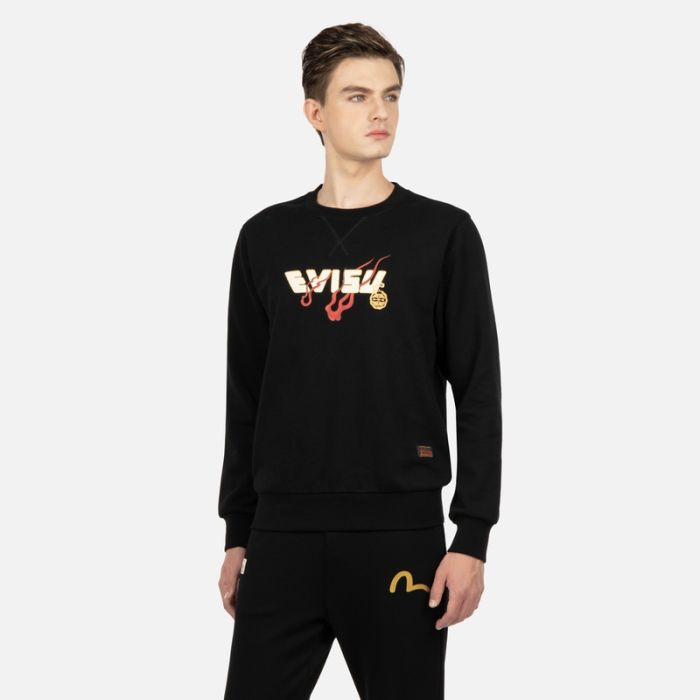 Shop EVISU FW23 레인보우 자수 빅 M 그래픽 블랙 긴팔 스웻셔츠 남성용 2EAADM2SW316XXCTB