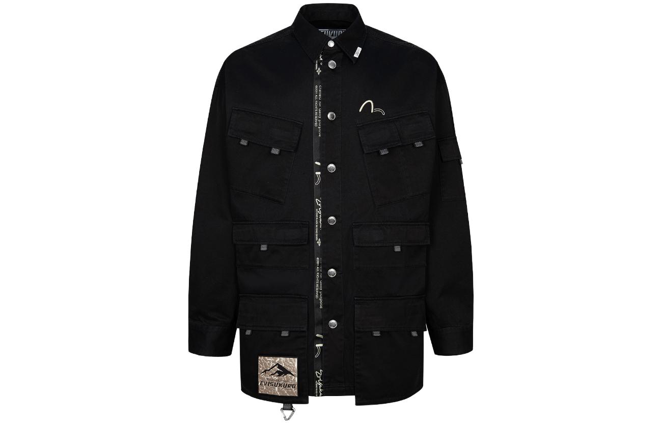 EVISU FW23 Washed Black Oversized Workwear Jacket with Logo Print for Men. 2EAGNM3SJ5116LFCT