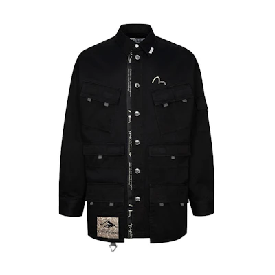 EVISU FW23 Washed Black Oversized Workwear Jacket with Logo Print for Men. 2EAGNM3SJ5116LFCT