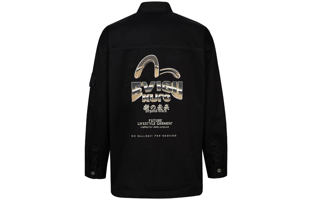 Lookbook EVISU FW23 Washed Black Oversized Workwear Jacket with Logo Print for Men. 2EAGNM3SJ5116LFCT